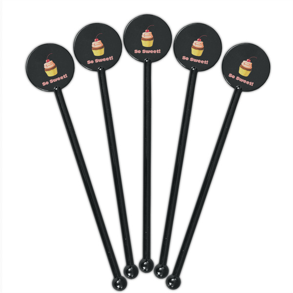 Sweet Cupcakes Black Plastic 5.5" Stir Stick - Round - Fan View