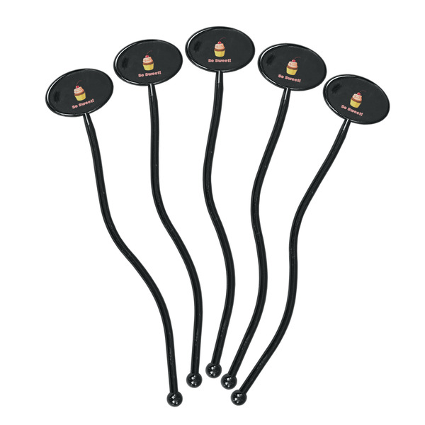 Sweet Cupcakes Black Plastic 7" Stir Stick - Oval - Fan