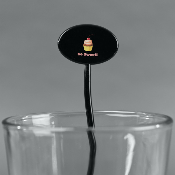 Sweet Cupcakes Black Plastic 7" Stir Stick - Oval - Main