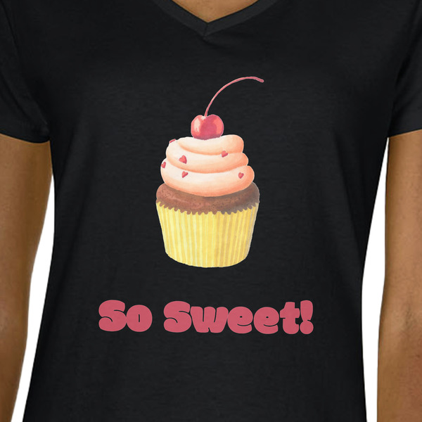 Sweet Cupcakes Black V-Neck T-Shirt on Model - CloseUp