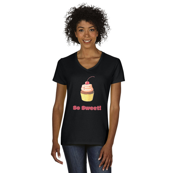Custom Sweet Cupcakes Women's V-Neck T-Shirt - Black - XL (Personalized)