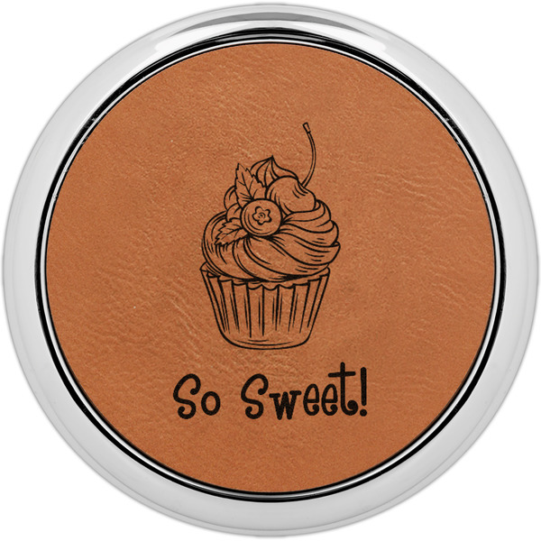 Custom Sweet Cupcakes Leatherette Round Coaster w/ Silver Edge - Single or Set (Personalized)