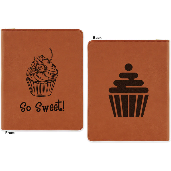 Sweet Cupcakes Cognac Leatherette Zipper Portfolios with Notepad - Double Sided - Apvl
