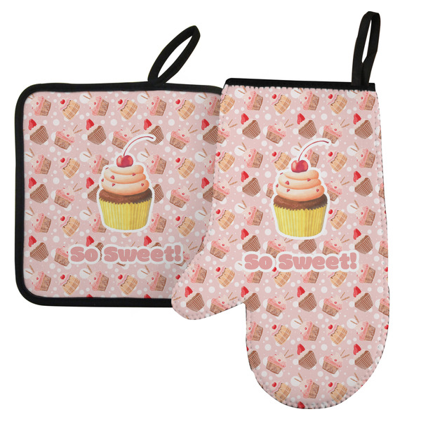 Custom Sweet Cupcakes Left Oven Mitt & Pot Holder Set w/ Name or Text