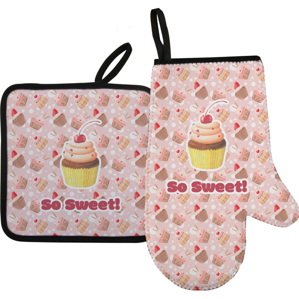 Custom Sweet Cupcakes Right Oven Mitt & Pot Holder Set w/ Name or Text