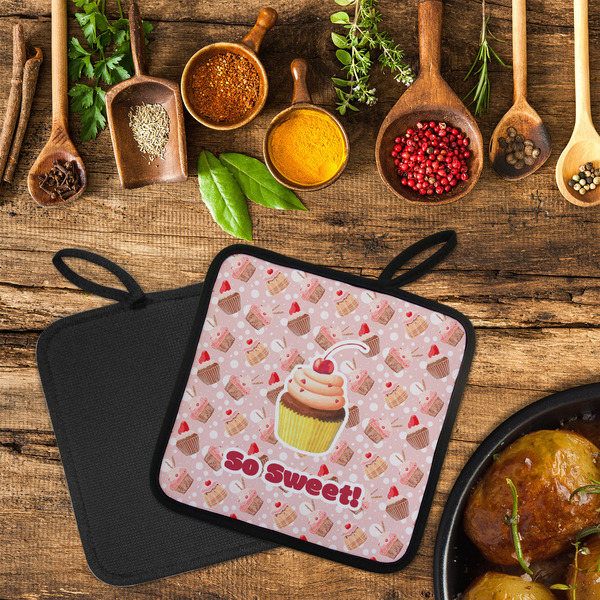 Sweet Cupcakes Neoprene Pot Holder - Set of 2  LIFESTYLE (Flatlay)