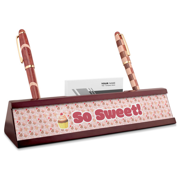 Custom Sweet Cupcakes Red Mahogany Nameplate with Business Card Holder (Personalized)