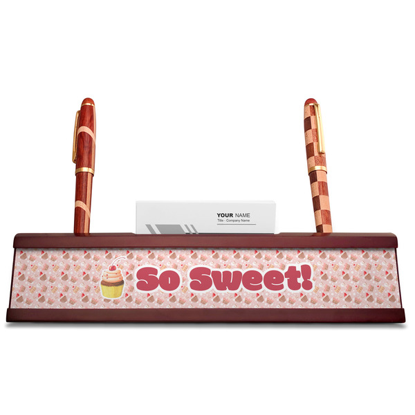 Sweet Cupcakes Red Mahogany Nameplates with Business Card Holder - Straight