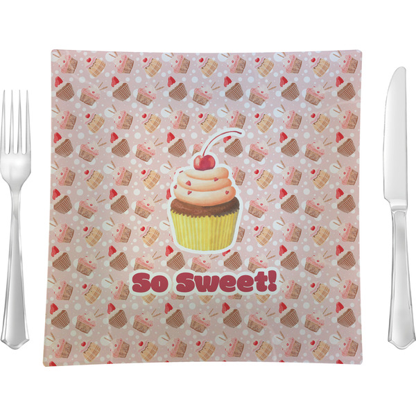 Custom Sweet Cupcakes 9.5" Glass Square Lunch / Dinner Plate- Single or Set of 4 (Personalized)