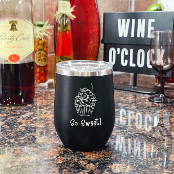 Sweet Cupcakes Stainless Wine Tumblers - Black - Double Sided - In Context