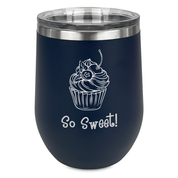 Custom Sweet Cupcakes Stemless Stainless Steel Wine Tumbler - Navy - Single Sided (Personalized)