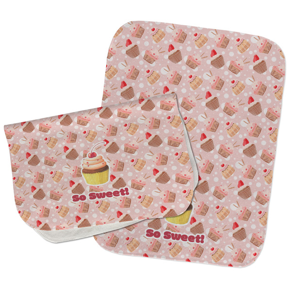 Sweet Cupcakes Two Rectangle Burp Cloths - Open & Folded
