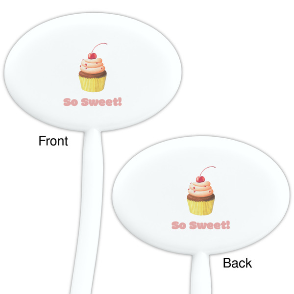 Sweet Cupcakes White Plastic 7" Stir Stick - Double Sided - Oval - Front & Back