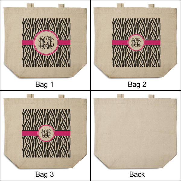Zebra Print 3 Reusable Cotton Grocery Bags - Front & Back View