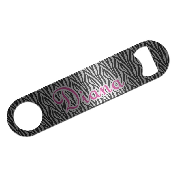 Custom Zebra Print Bar Bottle Opener - Silver w/ Monogram
