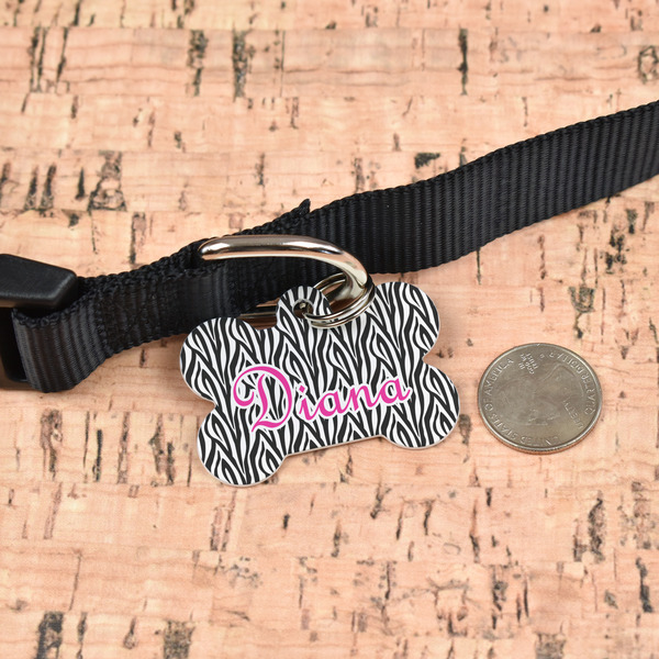 Zebra Print Bone Shaped Dog ID Tag - Large - In Context