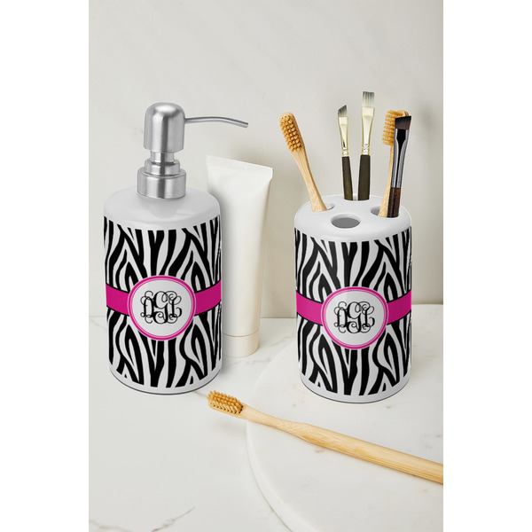 Zebra Print Ceramic Bathroom Accessories - LIFESTYLE (toothbrush holder & soap dispenser)