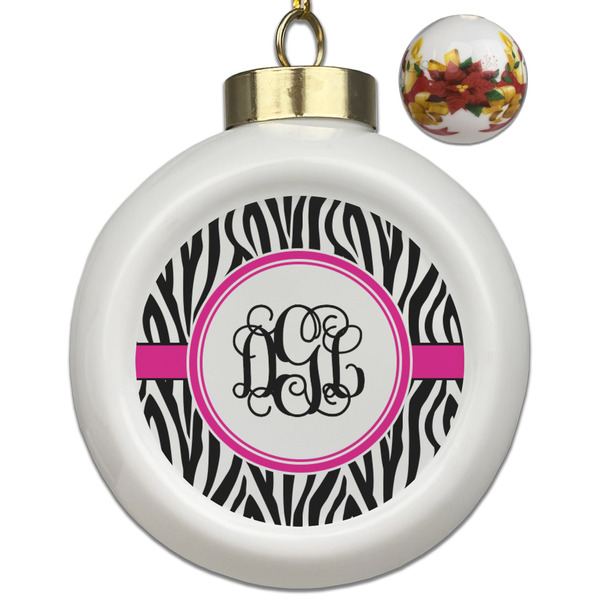 Custom Zebra Print Ceramic Ball Ornaments - Poinsettia Garland (Personalized)