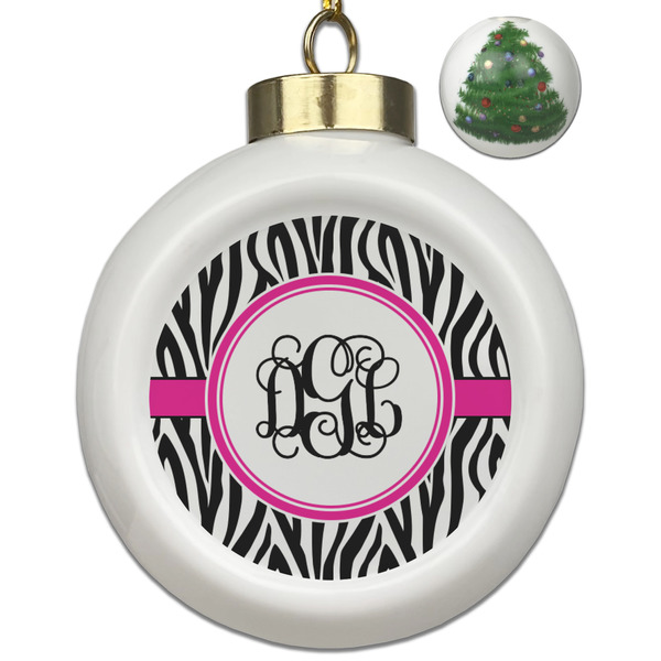 Custom Zebra Print Ceramic Ball Ornament - Christmas Tree (Personalized)
