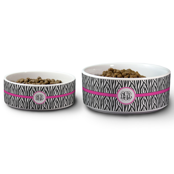 Zebra Print Ceramic Dog Bowls - Size Comparison