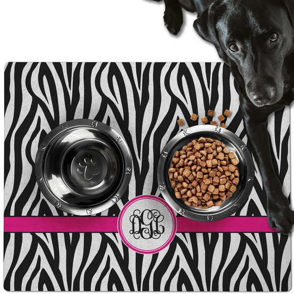 Custom Zebra Print Dog Food Mat - Large w/ Monogram