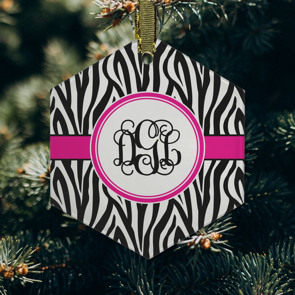 Zebra Print Frosted Glass Ornament - Hexagon (Lifestyle)