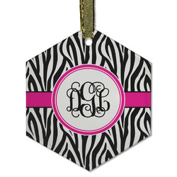 Zebra Print Flat Glass Ornament - Hexagon w/ Monogram