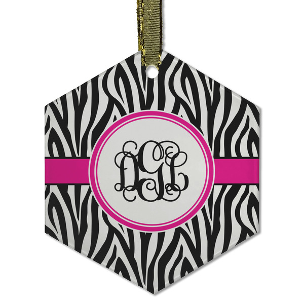 Custom Zebra Print Flat Glass Ornament - Hexagon w/ Monogram
