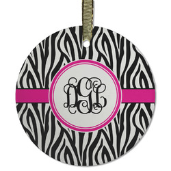 Zebra Print Flat Glass Ornament - Round w/ Monogram