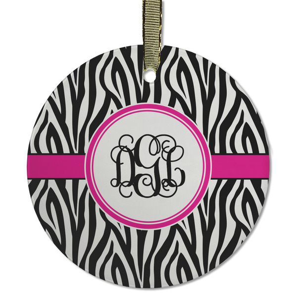 Custom Zebra Print Flat Glass Ornament - Round w/ Monogram