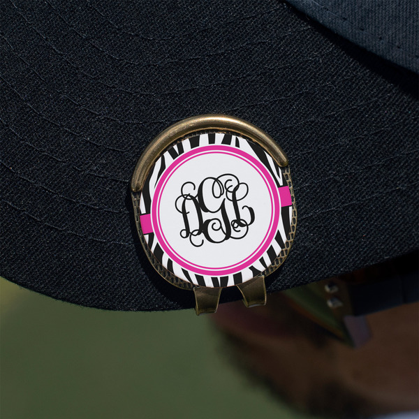 Zebra Print Golf Ball Marker Hat Clip - Gold - On Hat
