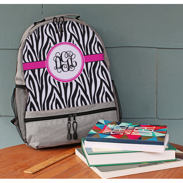 Zebra Print Large Backpack - Gray - On Desk