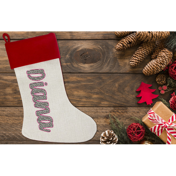 Zebra Print Linen Stocking w/Red Cuff - Flat Lay (LIFESTYLE)