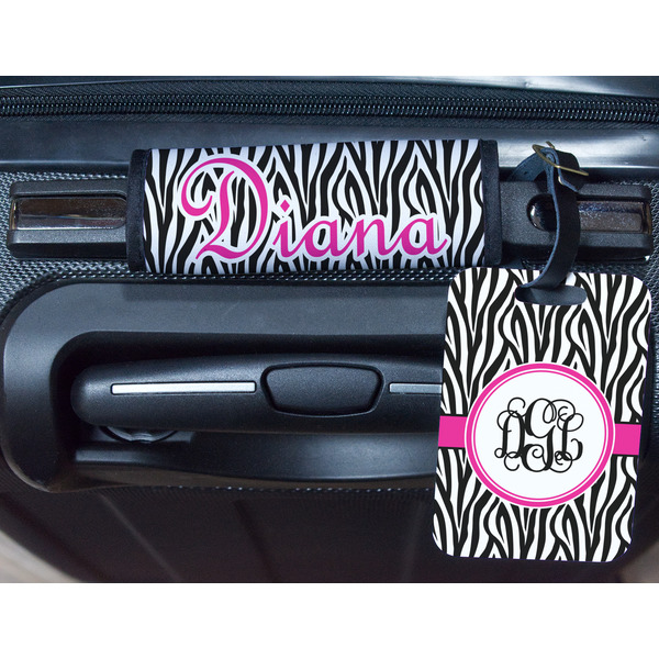 Zebra Print Metal Luggage Tag & Handle Wrap - In Context