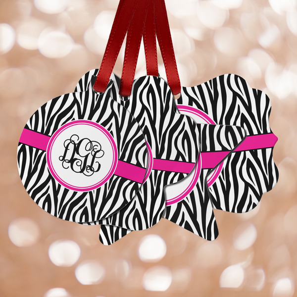 Custom Zebra Print Metal Ornaments - Double Sided w/ Monogram