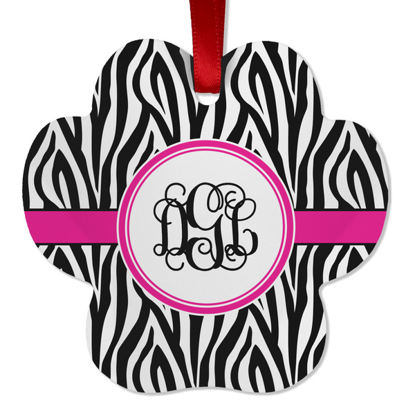 Custom Zebra Print Metal Paw Ornament - Double Sided w/ Monogram