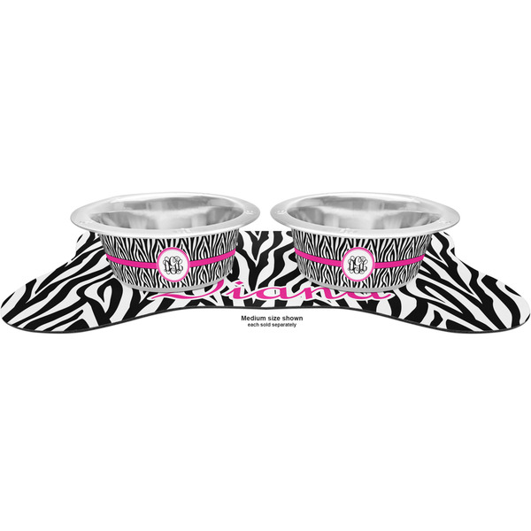 Zebra Print Metal Pet Bowls - On Dog Bone Shaped Mat