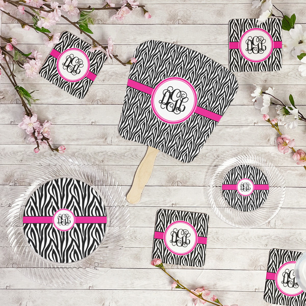 Zebra Print Party Supplies Combination Image - All items - Plates, Coasters, Fans