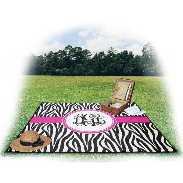 Zebra Print Picnic Blanket - with Basket Hat and Book - in Use