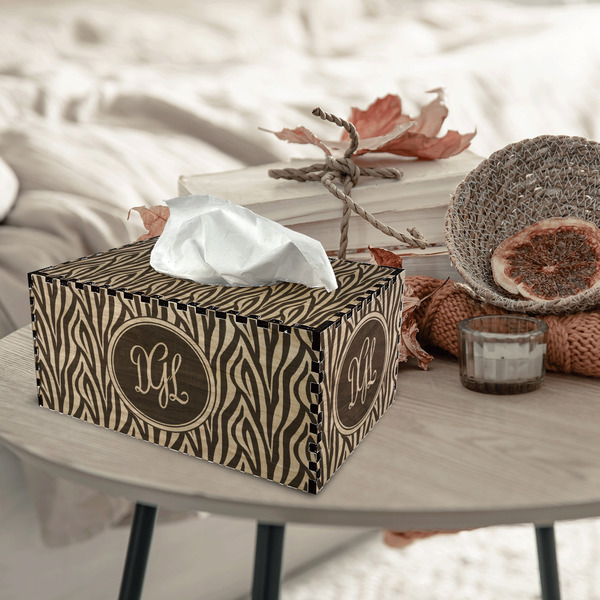 Zebra Print Rectangle Tissue Box Covers - Wood - In Context