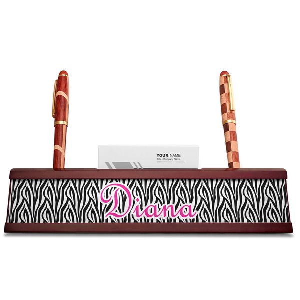 Zebra Print Red Mahogany Nameplates with Business Card Holder - Straight