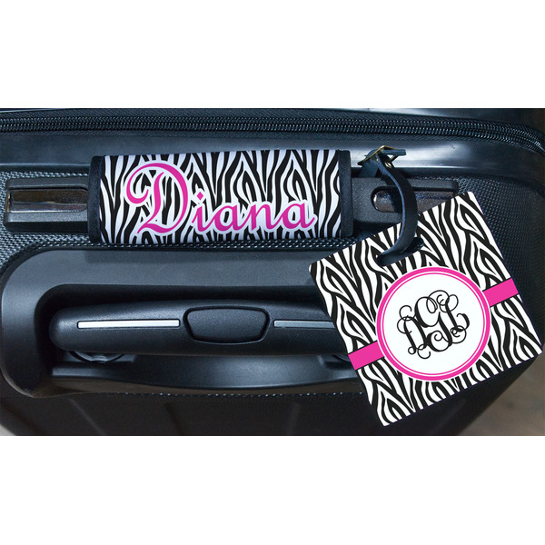 Zebra Print Square Luggage Tag & Handle Wrap - In Context