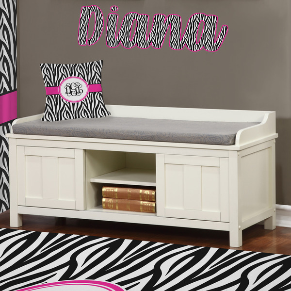 Zebra Print Wall Name Decal Above Storage bench