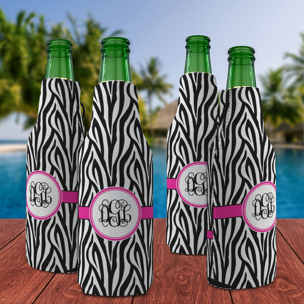 Zebra Print Zipper Bottle Cooler - Set of 4 - LIFESTYLE