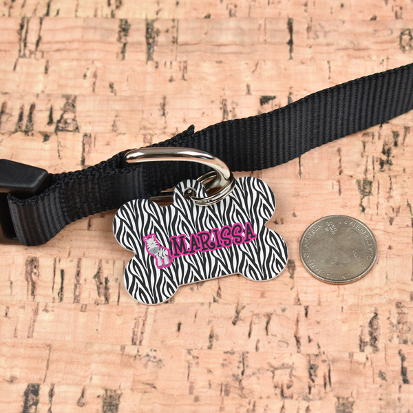 Zebra Bone Shaped Dog ID Tag - Large - In Context