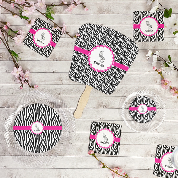 Zebra Party Supplies Combination Image - All items - Plates, Coasters, Fans