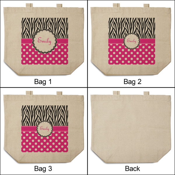 Zebra Print & Polka Dots 3 Reusable Cotton Grocery Bags - Front & Back View