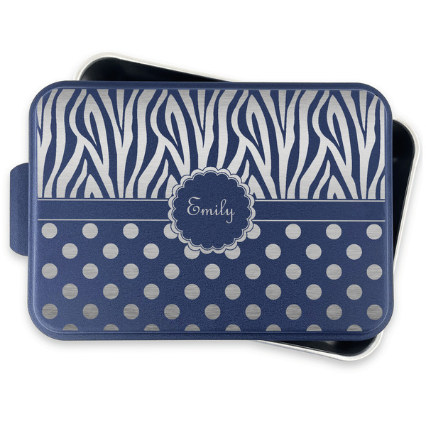 Zebra Print & Polka Dots Aluminum Baking Pan - Navy Lid - FRONT w/lid off