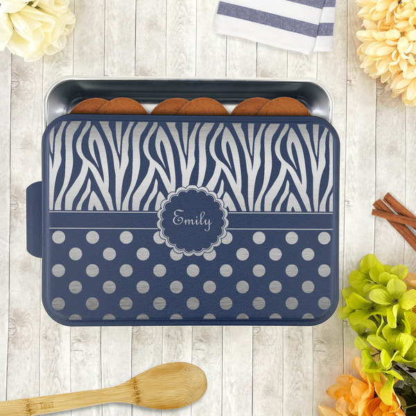 Zebra Print & Polka Dots Aluminum Baking Pan - Navy Lid - LIFESTYLE