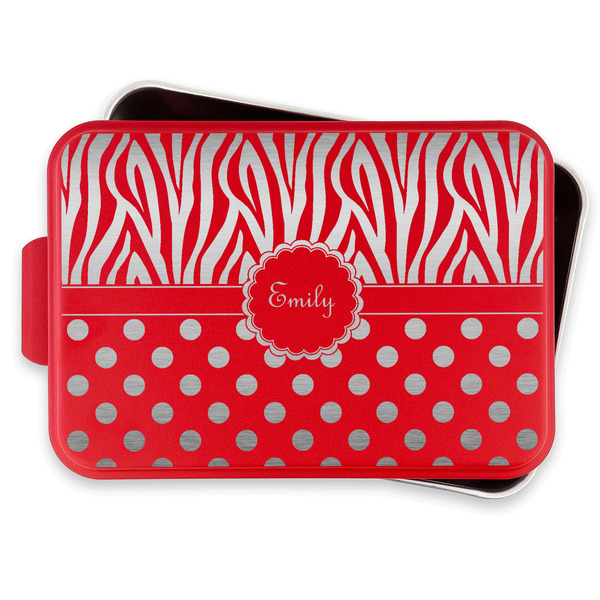 Zebra Print & Polka Dots Aluminum Baking Pan - Red Lid - FRONT w/lif off